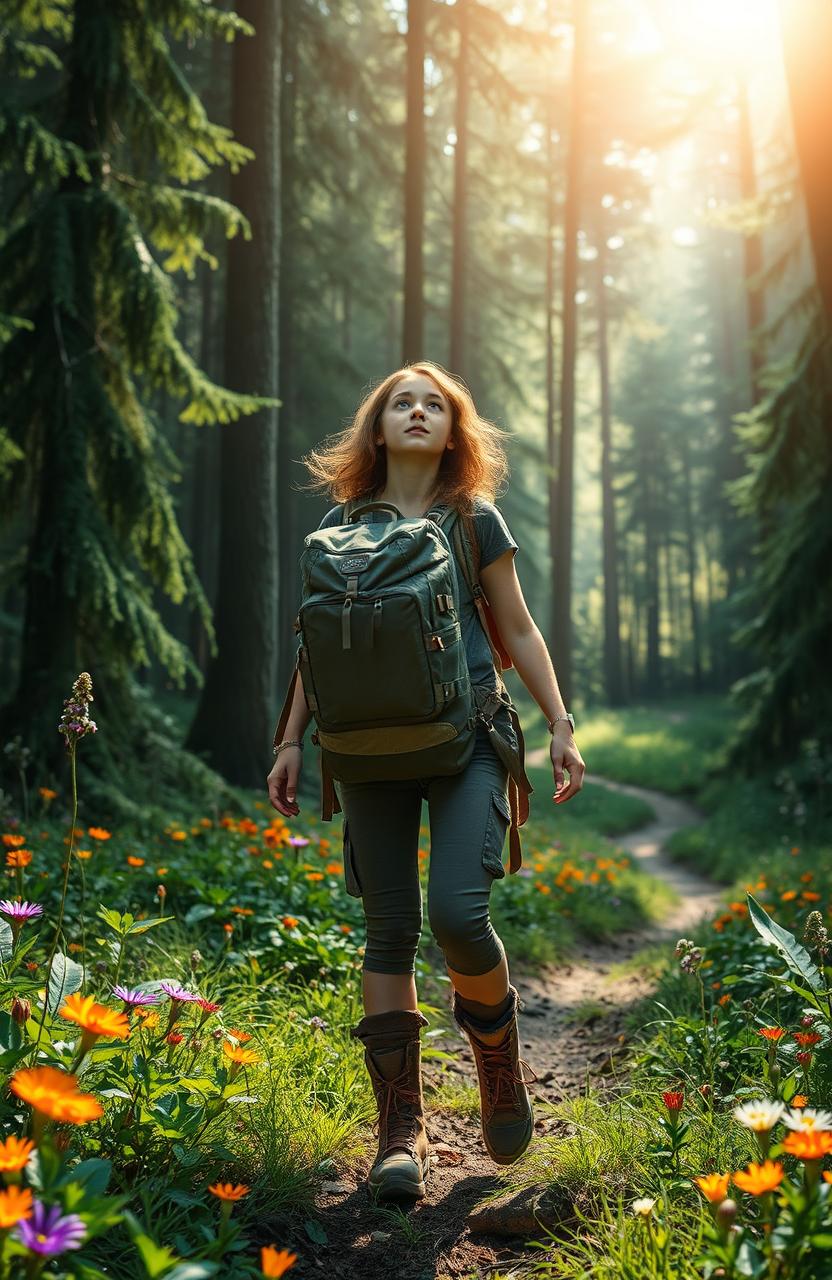 A girl adventuring in a lush, vibrant forest, her figure surrounded by tall trees and colorful wildflowers