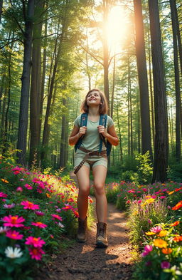 A girl adventuring in a lush, vibrant forest, her figure surrounded by tall trees and colorful wildflowers