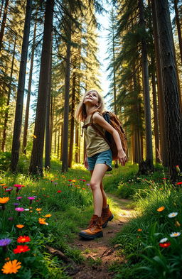 A girl adventuring in a lush, vibrant forest, her figure surrounded by tall trees and colorful wildflowers