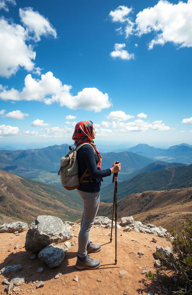 A girl adventuring in a picturesque landscape, wearing a colorful hijab that covers her face, emphasizing her adventurous spirit