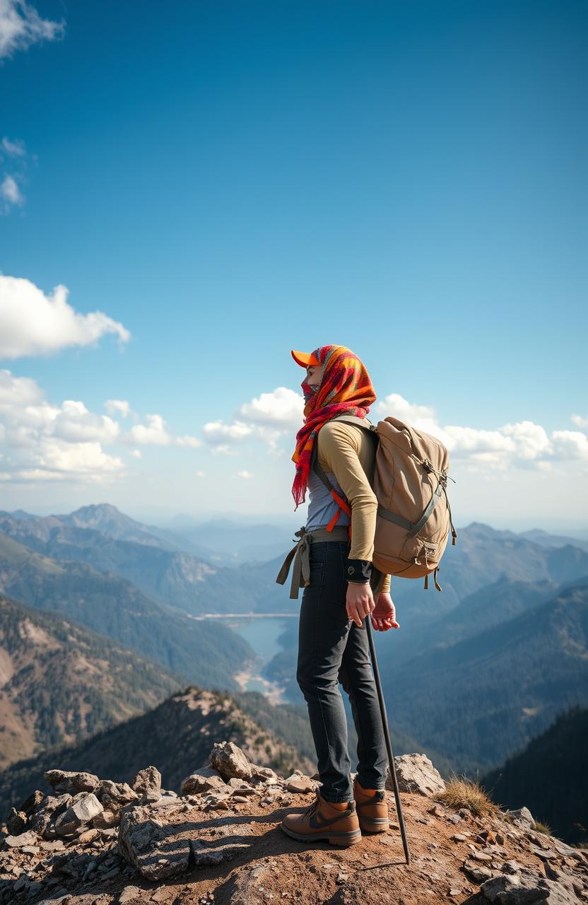 A girl adventuring in a picturesque landscape, wearing a colorful hijab that covers her face, emphasizing her adventurous spirit