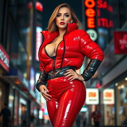 A seductive woman wearing a tight, shiny red and black puffer suit that accentuates her voluptuous figure and ample breasts