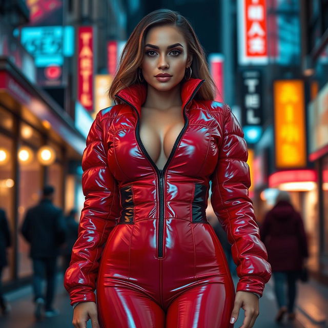 A seductive woman wearing a tight, shiny red and black puffer suit that accentuates her voluptuous figure and ample breasts