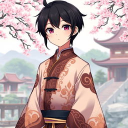 An anime boy with sleek black hair, dressed in a traditional Chinese outfit complete with intricate patterns and elegant flowing fabric