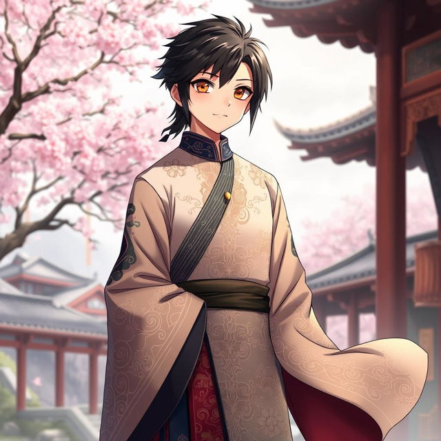 An anime boy with sleek black hair, dressed in a traditional Chinese outfit complete with intricate patterns and elegant flowing fabric