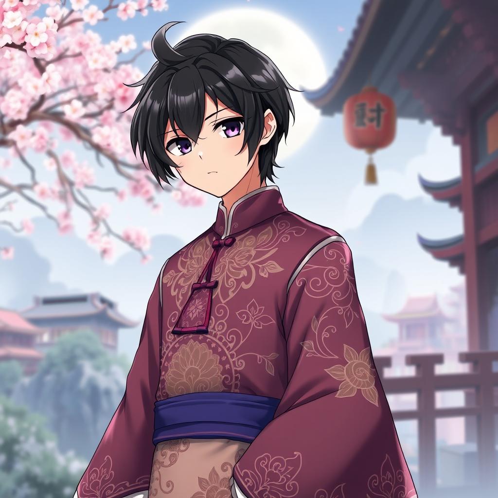 An anime boy with sleek black hair, dressed in a traditional Chinese outfit complete with intricate patterns and elegant flowing fabric