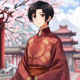 An anime boy with sleek black hair, dressed in a traditional Chinese outfit complete with intricate patterns and elegant flowing fabric