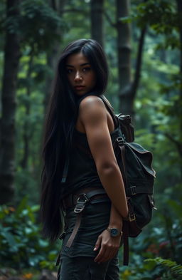 A female adventurer with long, flowing black hair, wearing rugged, practical gear suitable for exploring wild terrains