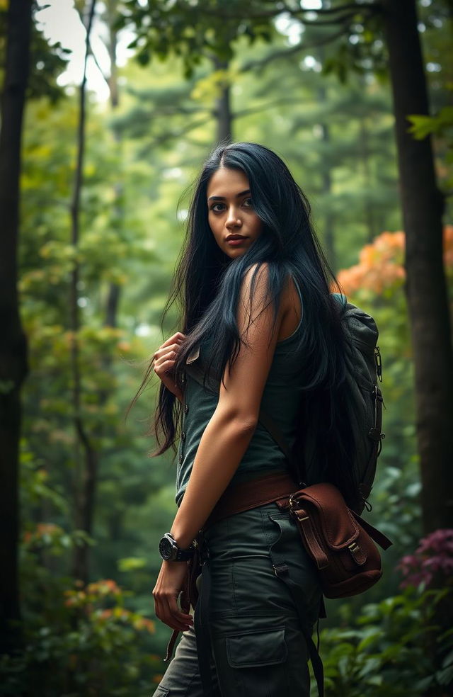 A female adventurer with long, flowing black hair, wearing rugged, practical gear suitable for exploring wild terrains