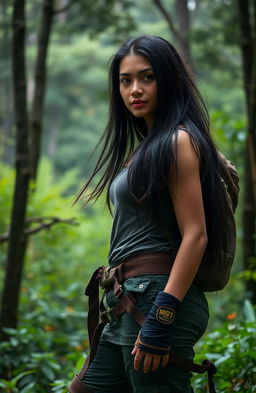 A female adventurer with long, flowing black hair, wearing rugged, practical gear suitable for exploring wild terrains