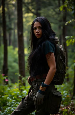 A female adventurer with long, flowing black hair, wearing rugged, practical gear suitable for exploring wild terrains