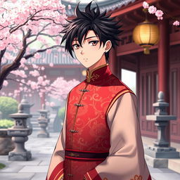 An anime boy with striking black hair styled in a dramatic way, wearing an elegant Chinese traditional dress