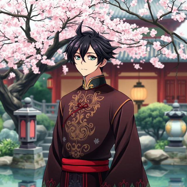 An anime boy with striking black hair styled in a dramatic way, wearing an elegant Chinese traditional dress