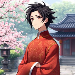 An anime boy with striking black hair styled in a dramatic way, wearing an elegant Chinese traditional dress