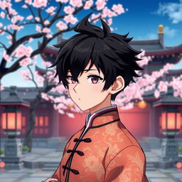 An anime boy with striking black hair styled in a dramatic way, wearing an elegant Chinese traditional dress