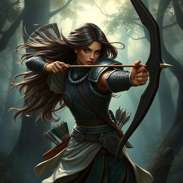 A Githzerai Ranger, depicted in an elegant and dynamic pose while drawing a long, intricately designed bow