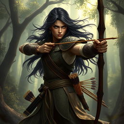 A Githzerai Ranger, depicted in an elegant and dynamic pose while drawing a long, intricately designed bow