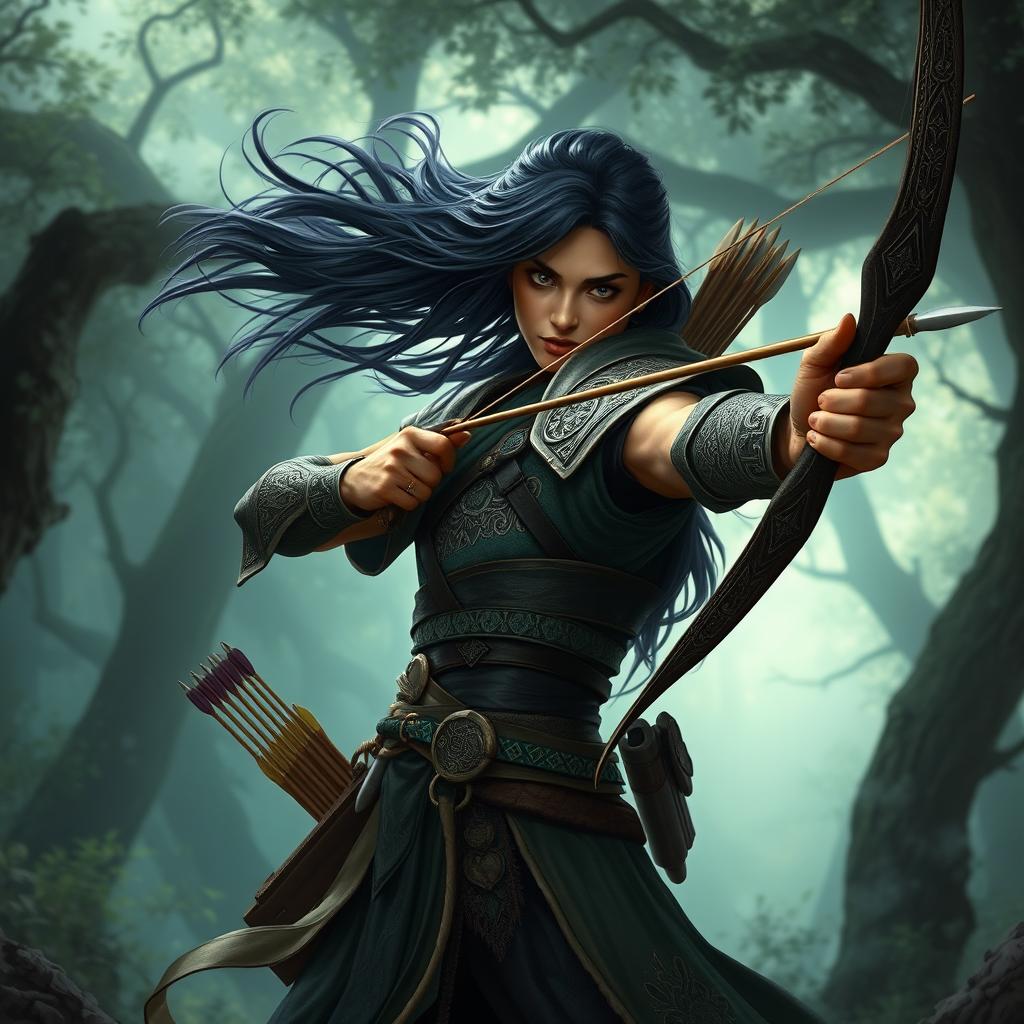 A Githzerai Ranger, depicted in an elegant and dynamic pose while drawing a long, intricately designed bow