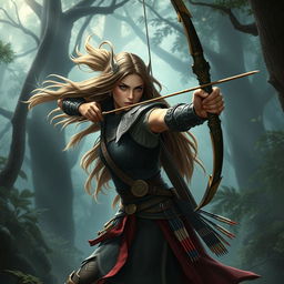 A Githzerai Ranger, depicted in an elegant and dynamic pose while drawing a long, intricately designed bow
