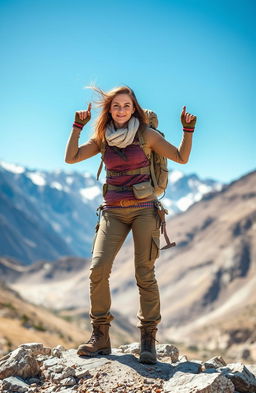 A female adventurer in a dynamic pose, dressed in rugged, weathered clothing suitable for a wilderness expedition