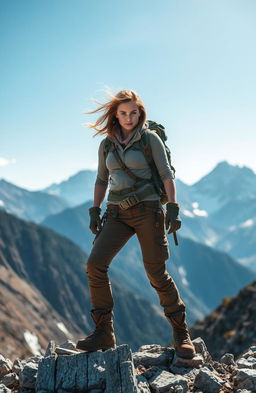 A female adventurer in a dynamic pose, dressed in rugged, weathered clothing suitable for a wilderness expedition