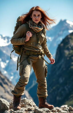 A female adventurer in a dynamic pose, dressed in rugged, weathered clothing suitable for a wilderness expedition