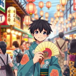 An anime boy with striking black hair, dressed in a vibrant and intricately designed Japanese traditional kimono, attending a summer festival