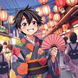 An anime boy with striking black hair, dressed in a vibrant and intricately designed Japanese traditional kimono, attending a summer festival