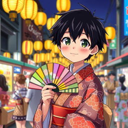 An anime boy with striking black hair, dressed in a vibrant and intricately designed Japanese traditional kimono, attending a summer festival