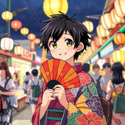 An anime boy with striking black hair, dressed in a vibrant and intricately designed Japanese traditional kimono, attending a summer festival