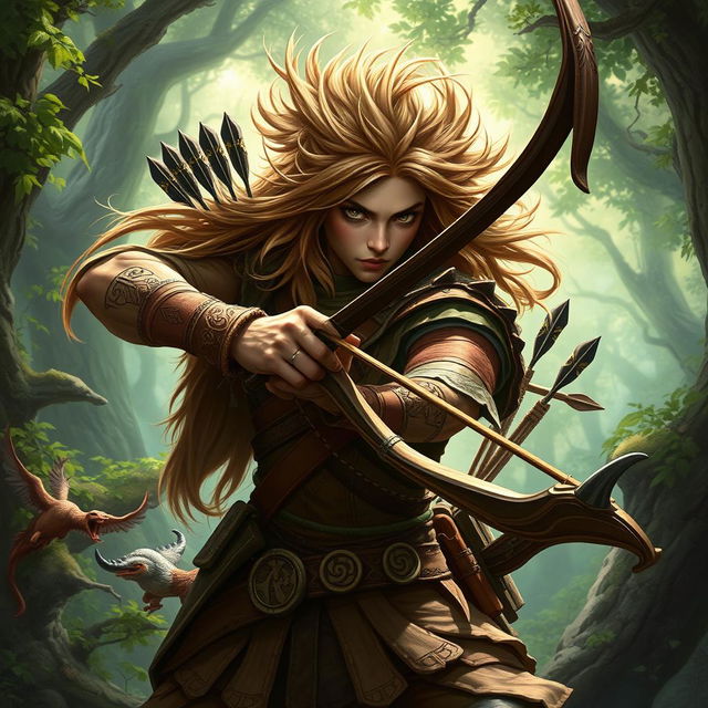 A Githzerai ranger, set in the vibrant Dungeons & Dragons world, skillfully poised with a beautifully crafted longbow