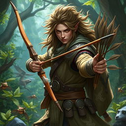 A Githzerai ranger, set in the vibrant Dungeons & Dragons world, skillfully poised with a beautifully crafted longbow