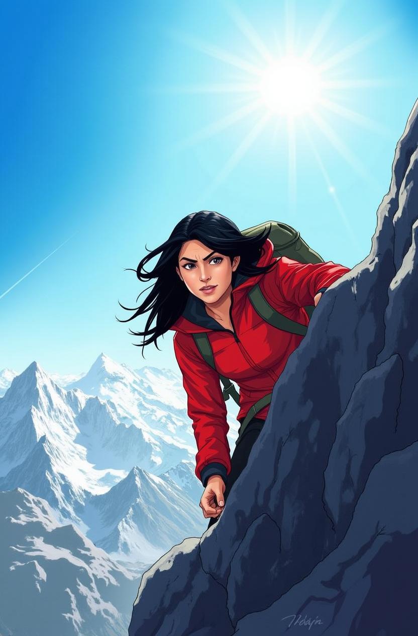 A determined female adventurer climbing a rocky mountain, wearing a vibrant red jacket and equipped with a green backpack