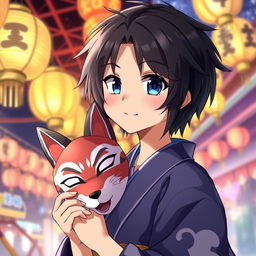 An anime boy with black hair, wearing a traditional Japanese yukata, celebrating at a summer festival