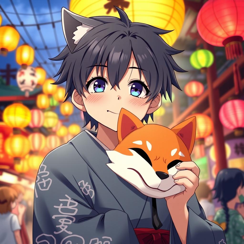 An anime boy with black hair, wearing a traditional Japanese yukata, celebrating at a summer festival