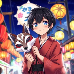 An anime boy with black hair, wearing a traditional Japanese yukata, celebrating at a summer festival