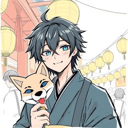 A sketch of a young Japanese man with black hair wearing a traditional Japanese outfit, attending a summer festival