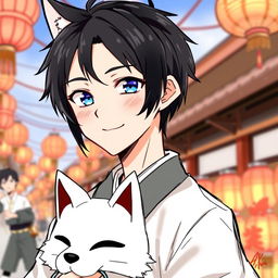 A sketch of a young Japanese man with black hair wearing a traditional Japanese outfit, attending a summer festival