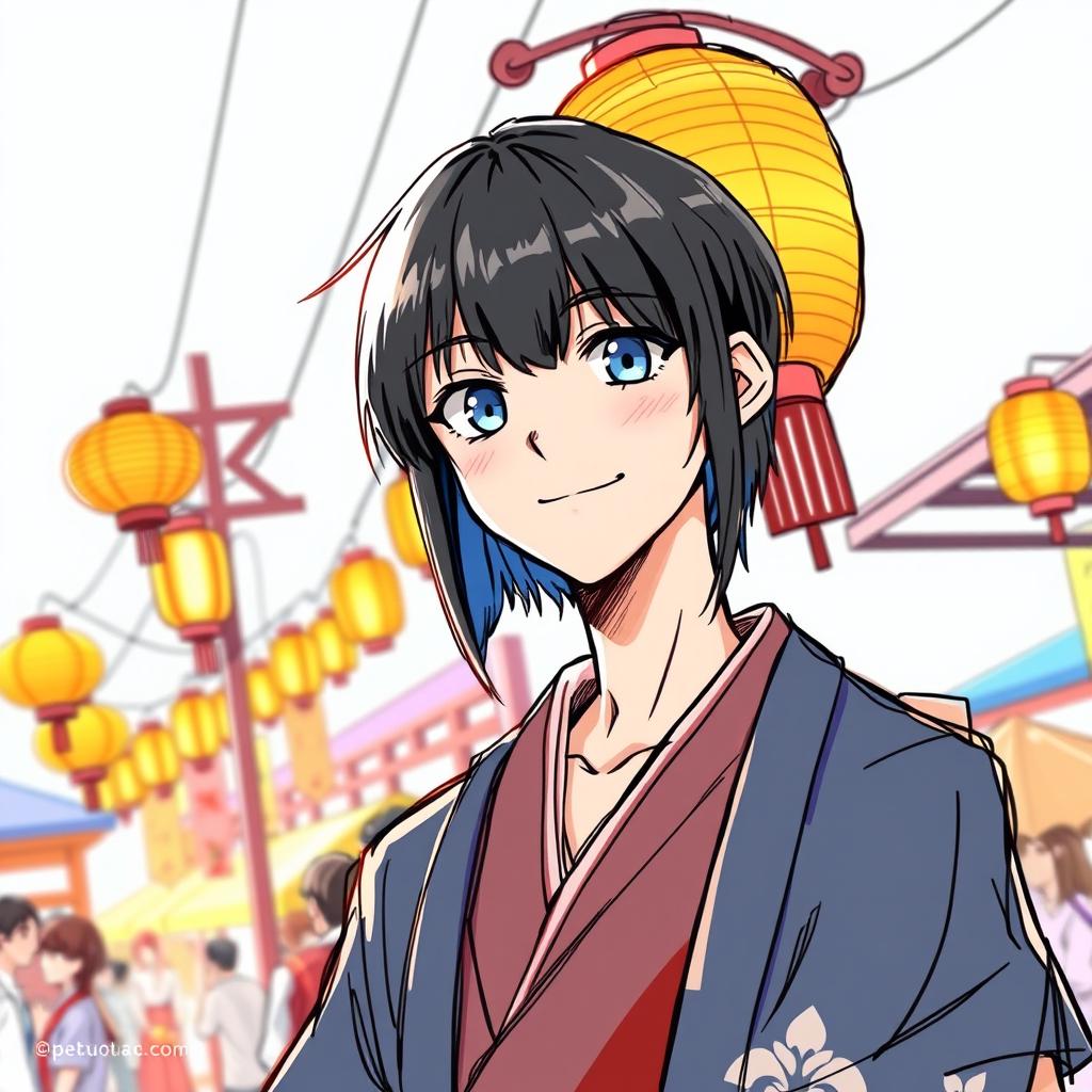 A sketch-style illustration of a young Japanese man with black straight hair, dressed in traditional Japanese attire, attending a summer festival