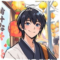 A sketch-style illustration of a young Japanese man with black straight hair, dressed in traditional Japanese attire, attending a summer festival