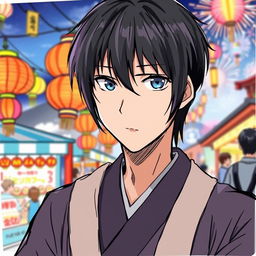 An anime-style illustration of a young man with black straight hair, dressed in traditional Japanese clothing, attending a summer festival