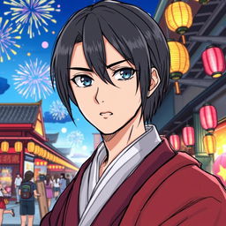 An anime-style illustration of a young man with black straight hair, dressed in traditional Japanese clothing, attending a summer festival