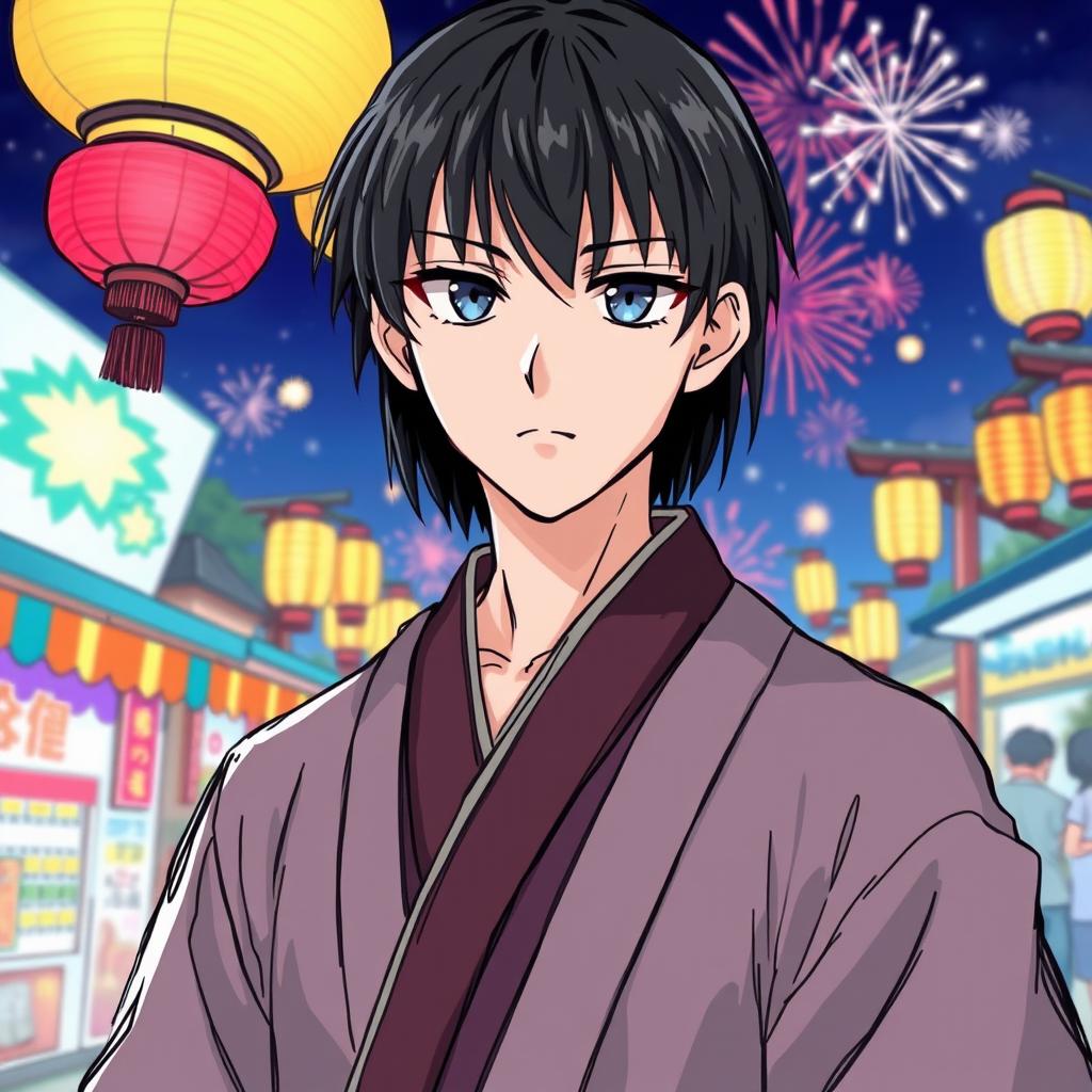 An anime-style illustration of a young man with black straight hair, dressed in traditional Japanese clothing, attending a summer festival