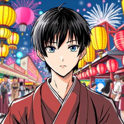 An anime-style illustration of a young man with black straight hair, dressed in traditional Japanese clothing, attending a summer festival