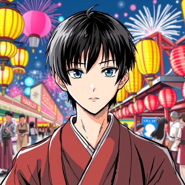 An anime-style illustration of a young man with black straight hair, dressed in traditional Japanese clothing, attending a summer festival