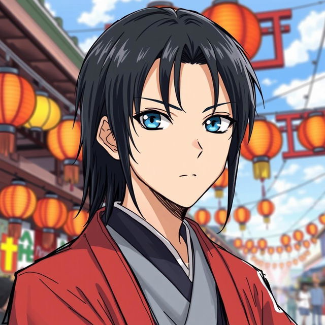 A manga-style young man with black straight hair, dressed in traditional Japanese attire, set against the backdrop of a summer festival