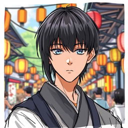 A manga-style young man with black straight hair, dressed in traditional Japanese attire, set against the backdrop of a summer festival