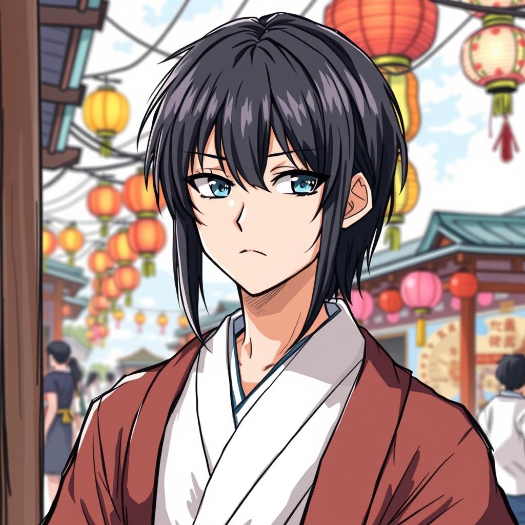 A manga-style young man with black straight hair, dressed in traditional Japanese attire, set against the backdrop of a summer festival