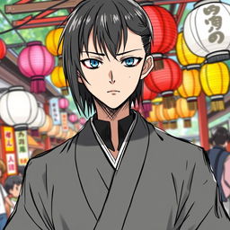 A manga-style young man with black straight hair, dressed in traditional Japanese attire, set against the backdrop of a summer festival