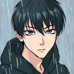 A manga-style young man with black straight hair, wearing a black hoodie